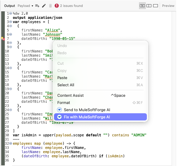 Right-click in the DataWeave editor of a Transform Message with two errors: the menu shows Send to MuleSoftForge AI and Fix with MuleSoftForge AI