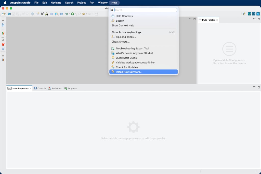 Help menu with Install New Software selected