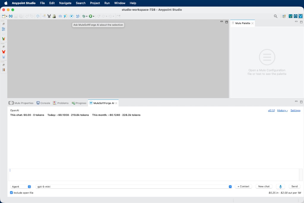 MuleSoftForge AI view opened from the toolbar button, showing v0.1.0